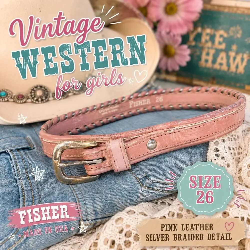 Vintage Fisher Girls Pink Leather Western Belt Silver Braided Size 26 Retro Farm